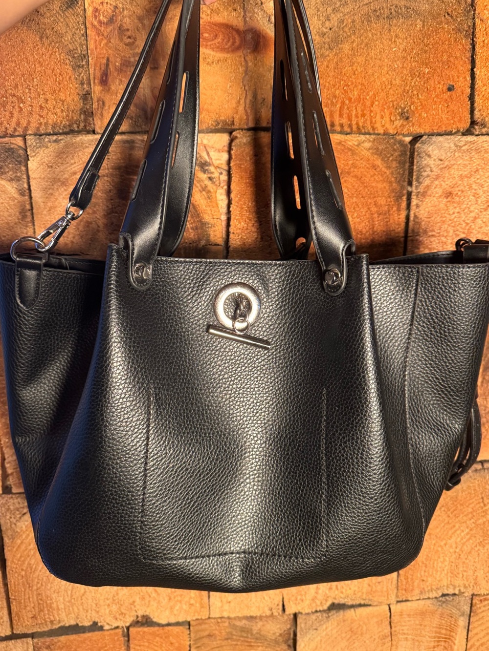 Sondra Roberts Squared Black Pebbled Vegan Leather Tote